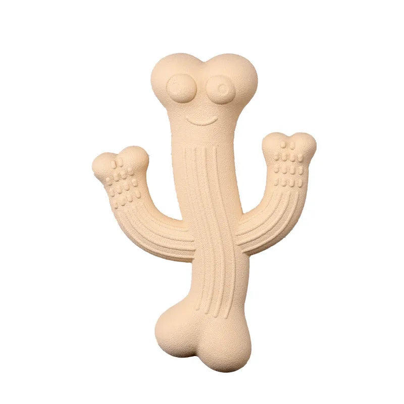 Cactus-shaped dog chew toy in beige, blue, or purple colour, shown in small and large sizes.