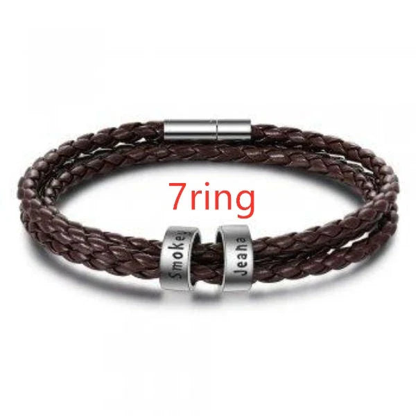 Personalized leather bracelet with engraved name charm for men, featuring a braided design and stainless steel beads