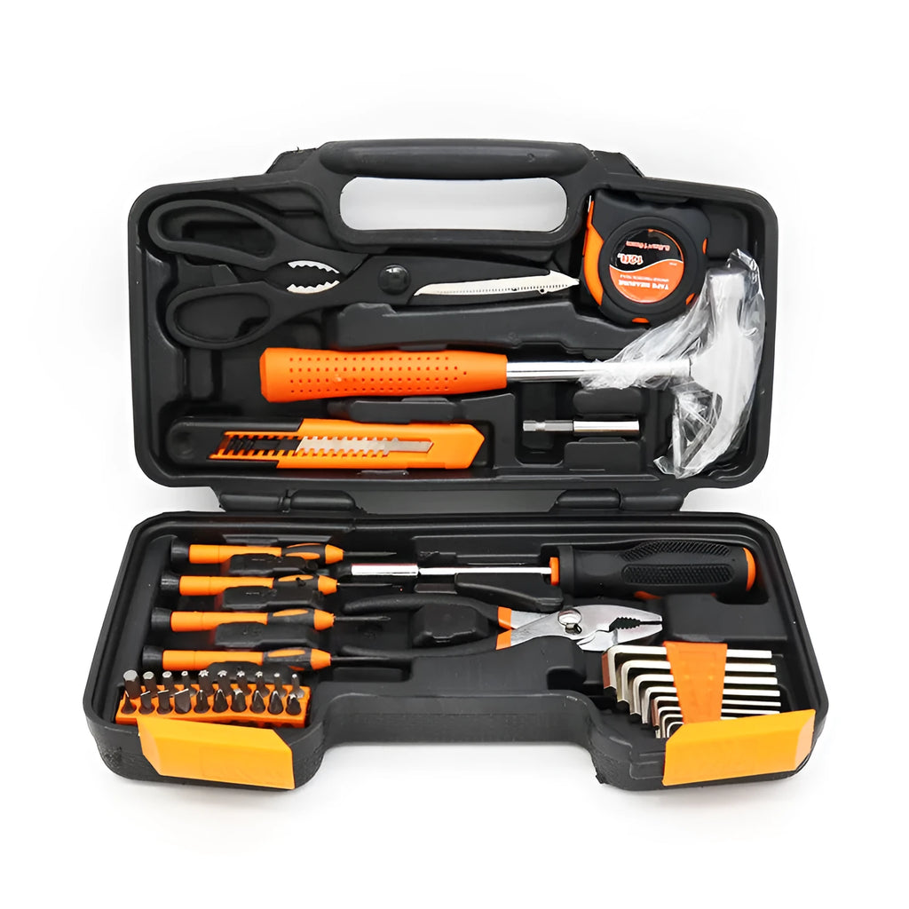39 piece multipurpose hardware tool set in orange with steel tools laid out on a white background