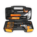 39 piece multipurpose hardware tool set in orange with steel tools laid out on a white background
