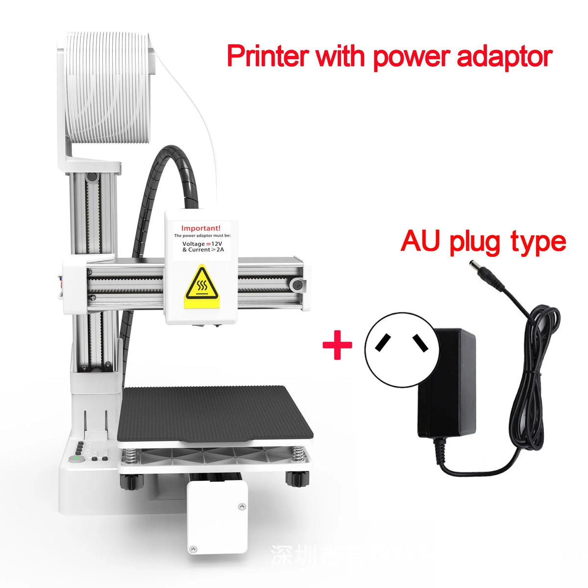 White EasyThreed K10 3D printer on a desktop with power cord and manual.
