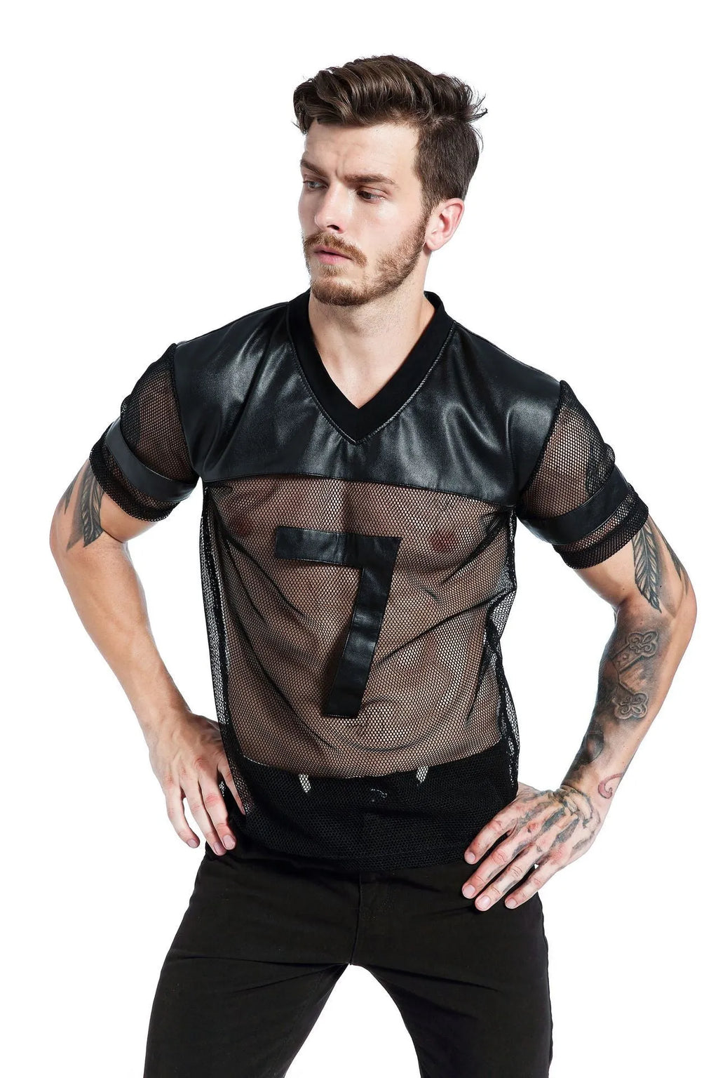 Black men's polyester mesh sports T-shirt with V-neck design and short sleeves