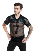 Black men's polyester mesh sports T-shirt with V-neck design and short sleeves