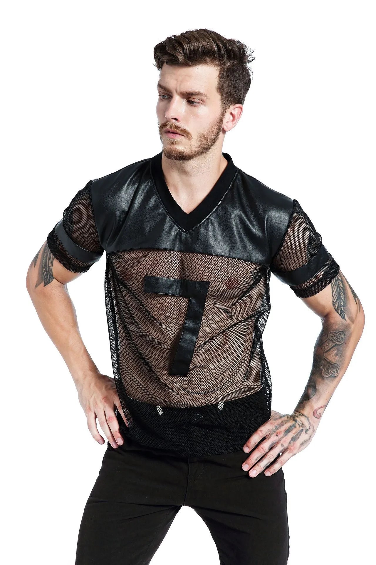 Black men's polyester mesh sports T-shirt with V-neck design and short sleeves