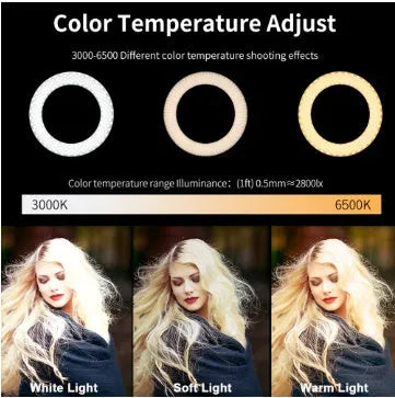 Black 20cm LED ring light kit with tripod, selfie stick, and phone clip on a desk
