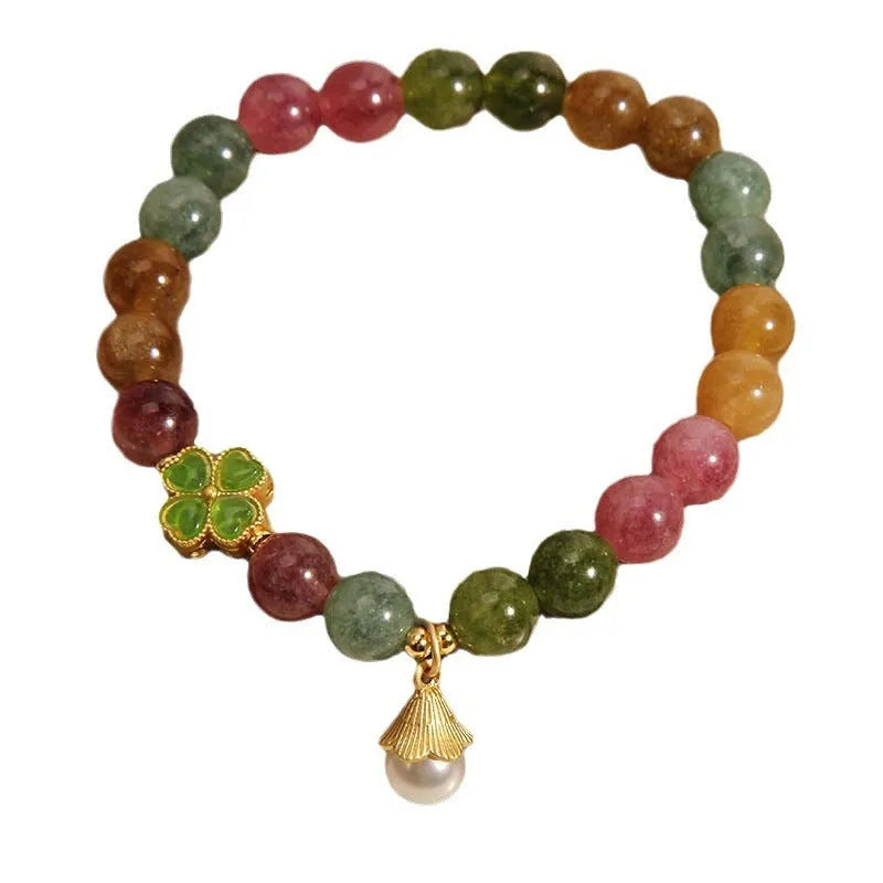 Women's colourful tourmaline bracelet with four-leaf clover charm and pearl pendant geometric design