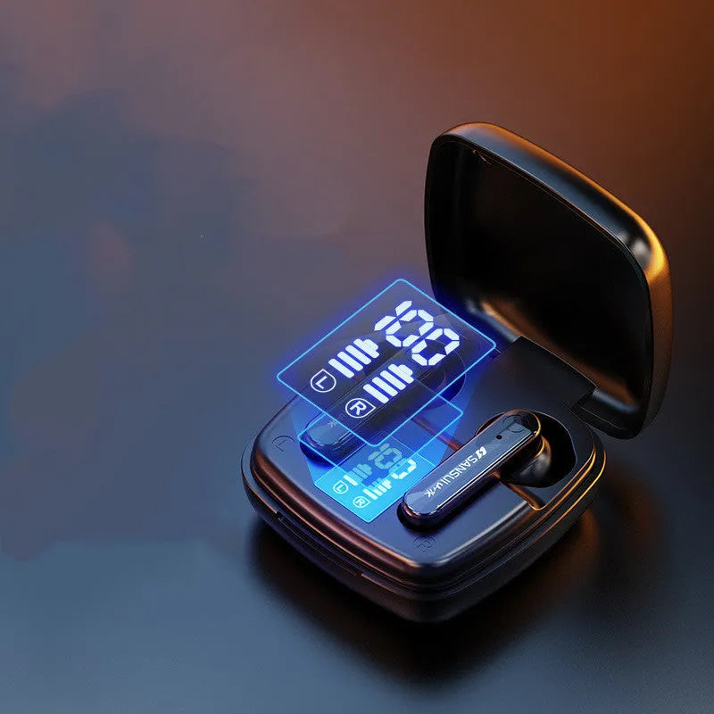 Semi-in-ear wireless Bluetooth earphones in dark night black colour with digital battery display