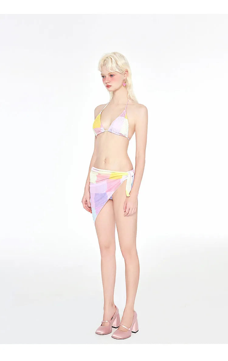 Rainbow pink triangle bikini set with wireless cups and chest pads for women