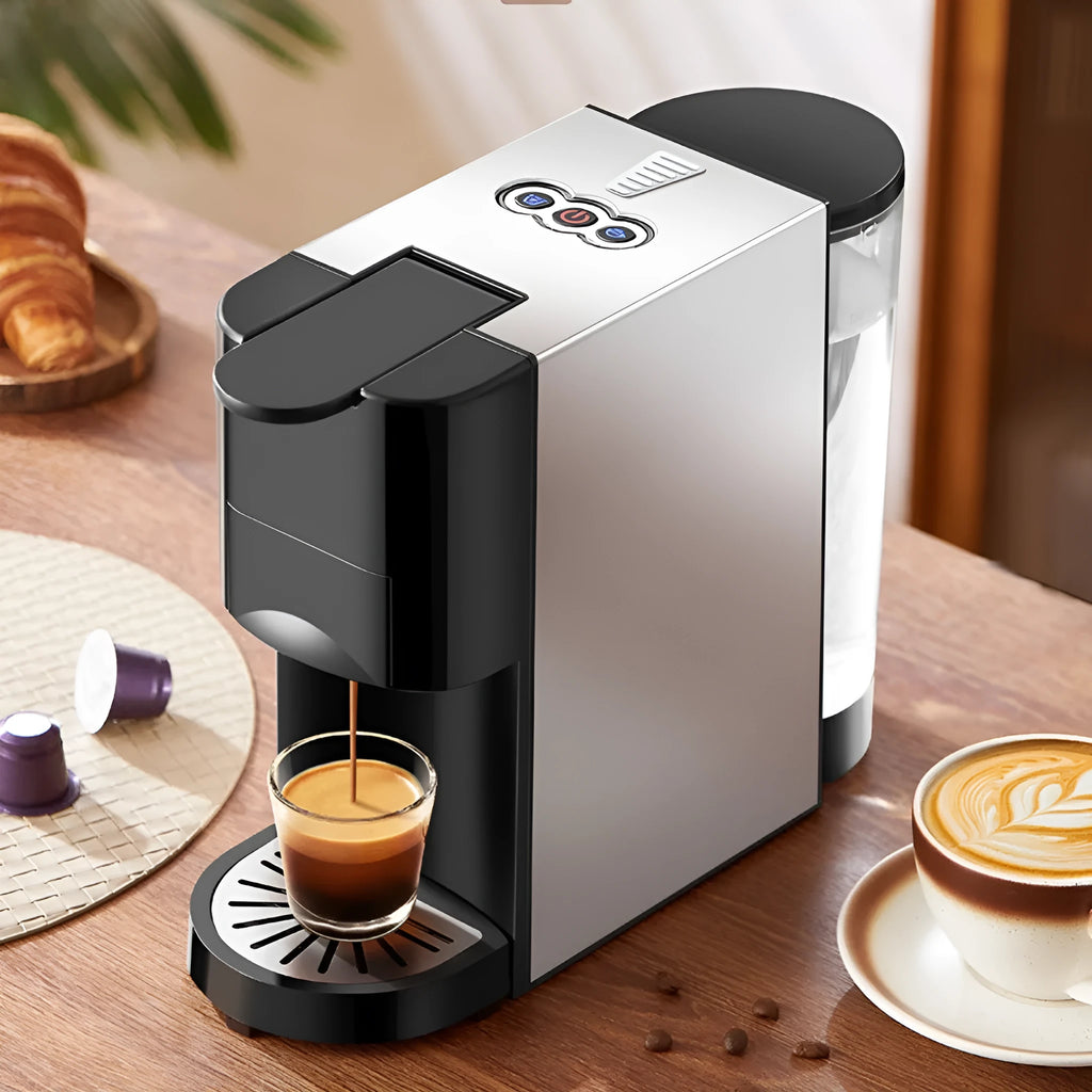 Silver grey household automatic capsule coffee machine with 0.5-1.2L water tank and 3-5 cup capacity