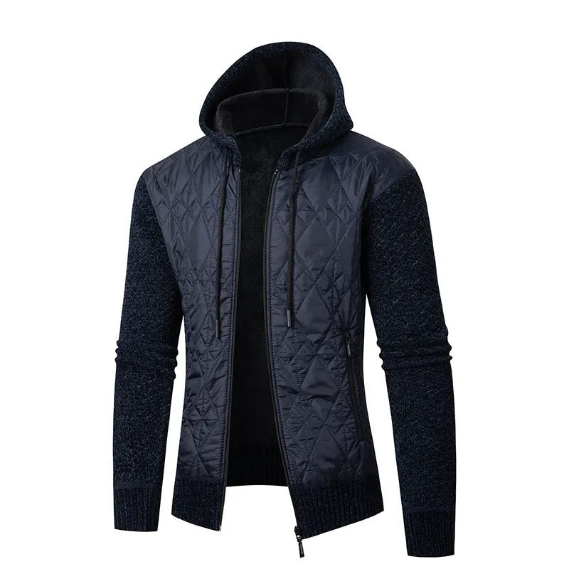 A grey men's hooded corduroy sweater coat with a cinched waist, shown on a model.