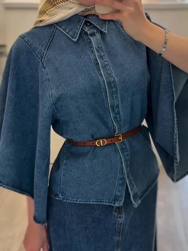 Denim cape top and maxi skirt set in plain design, regular fit, inelastic denim, sizes XS to 2XL