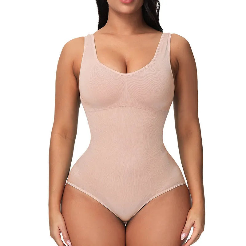 Seamless nylon women's bodysuit for waist support and body sculpting in green colour.