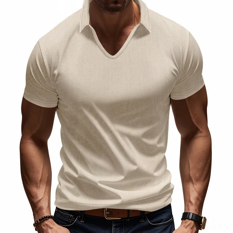 Men's V-neck loose fit casual T-shirt in cotton blend fabric with short sleeves for summer wear