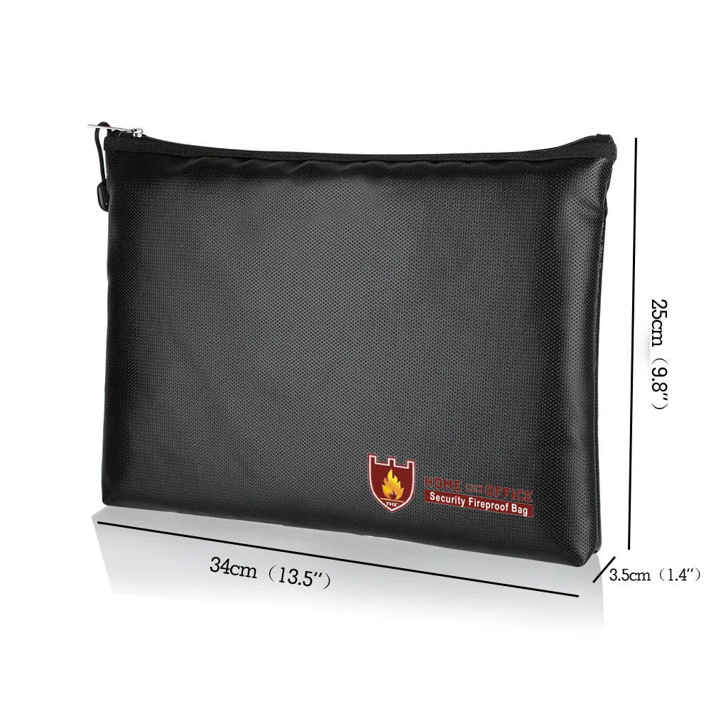 Black fire-proof document bag for contracts and certificates, shown in three different sizes.