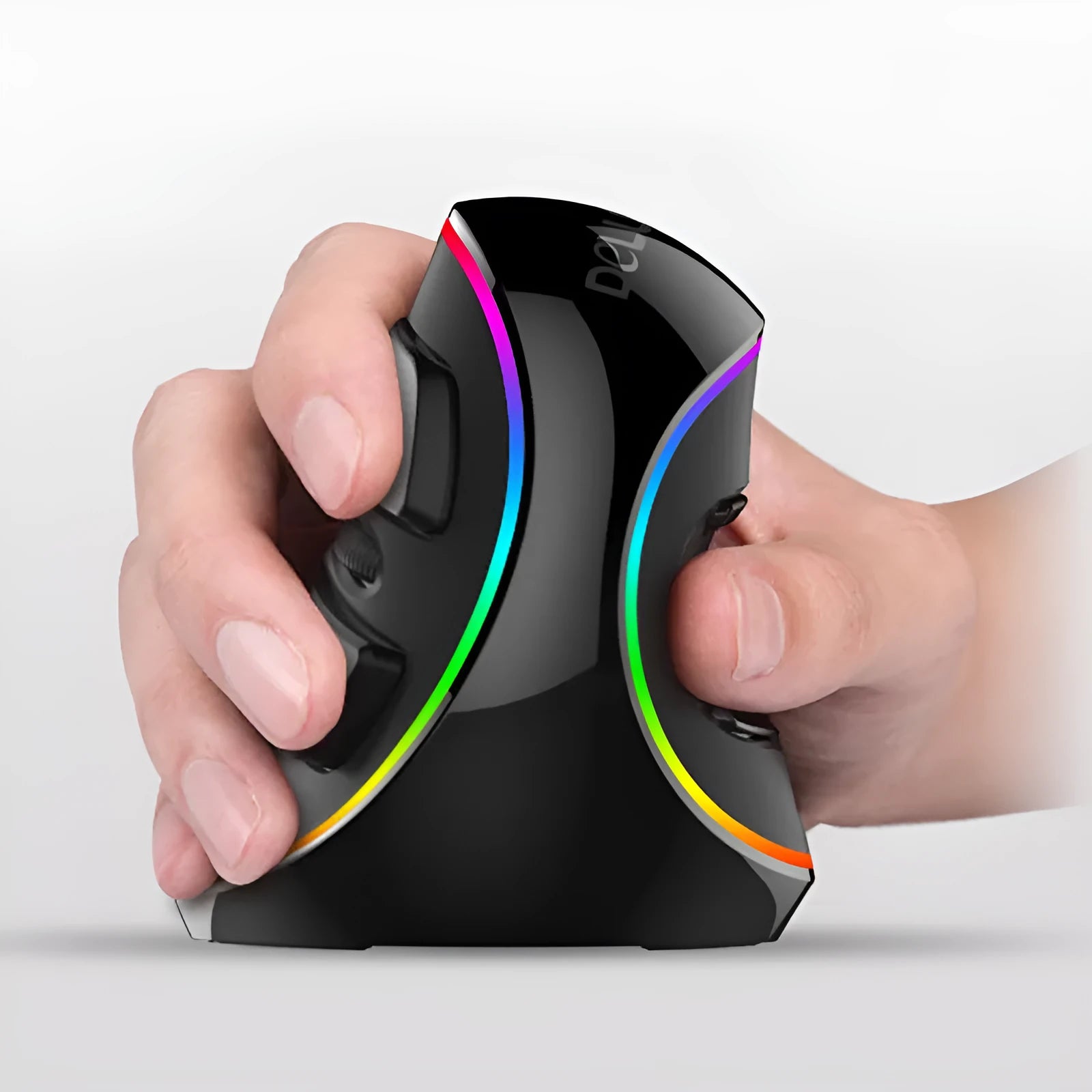 Vertical ergonomic computer mouse with RGB lighting and USB cable on a desk