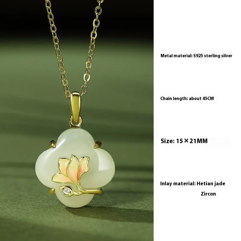 S925 sterling silver magnolia Hetian Jade jewellery set with necklace, bracelet, and ear studs.