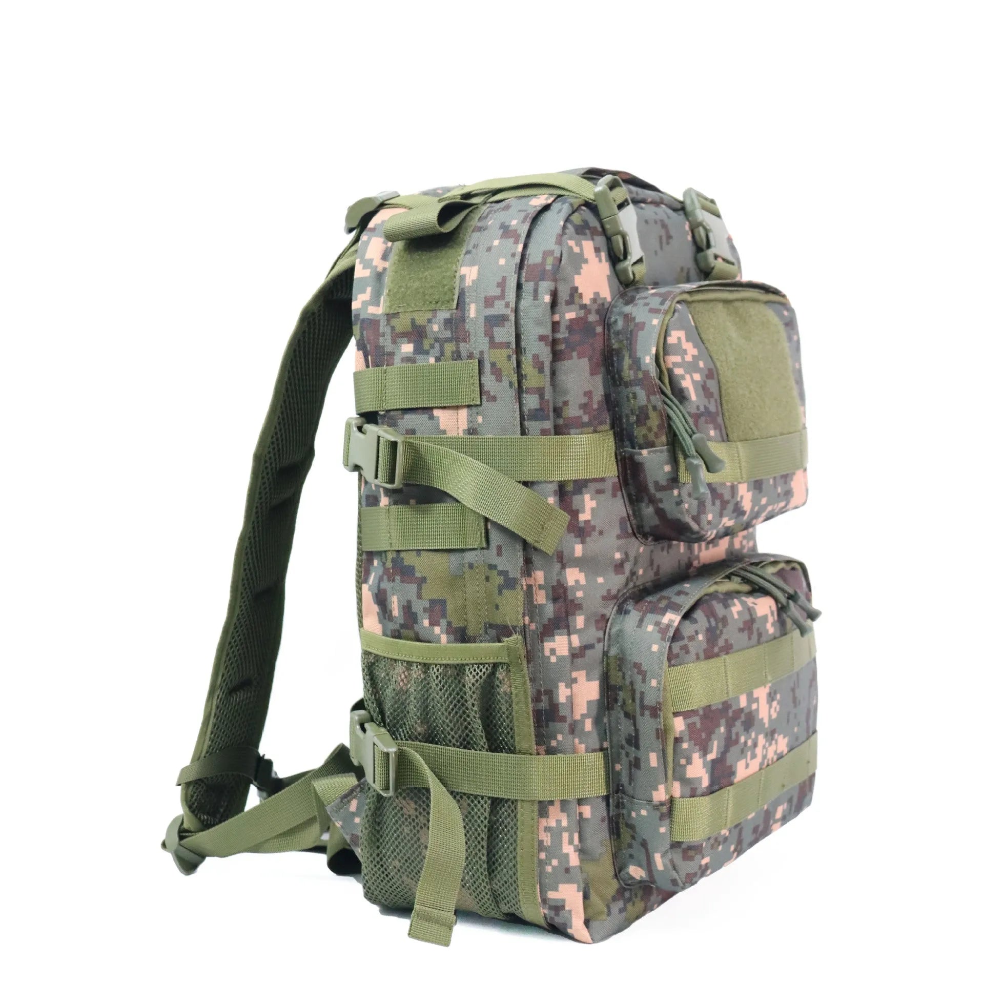Camouflage waterproof outdoor rucksack with air pillow belt showing 30x15x46cm dimensions