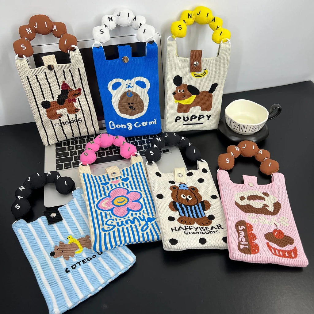 Cartoon knitted polyester messenger bag with square vertical shape and open pocket design