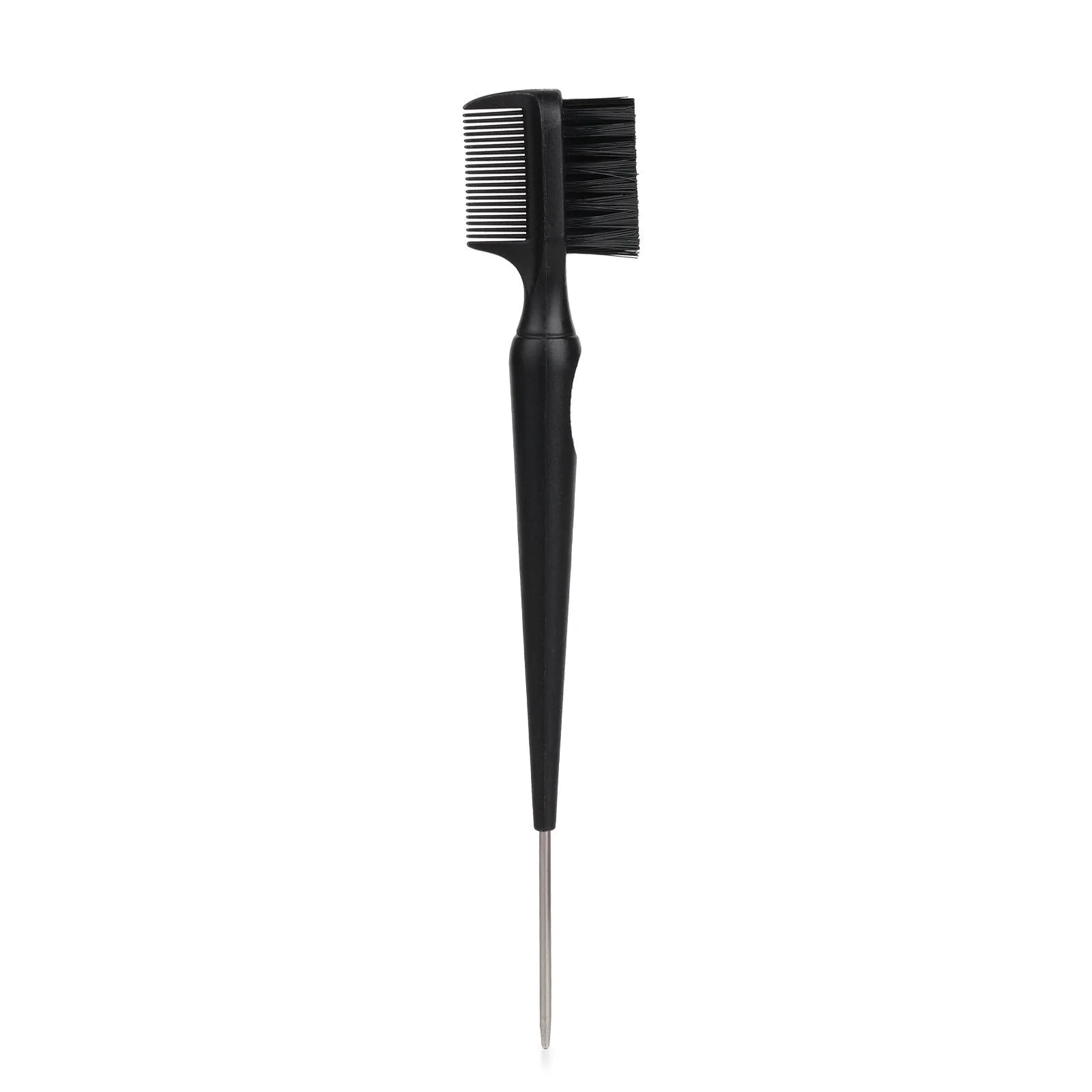 Double-headed steel needle eyebrow brush cleaner in black with plastic handle, over 20cm long