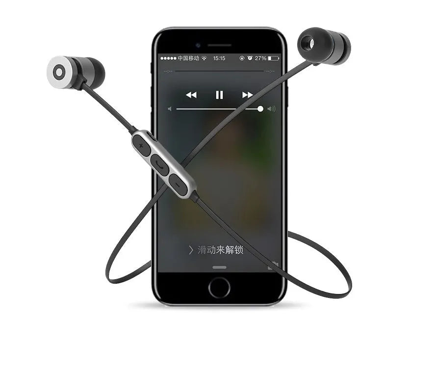 Metal magnetic sports Bluetooth headset in black colour showing neckband design with magnetic earpieces