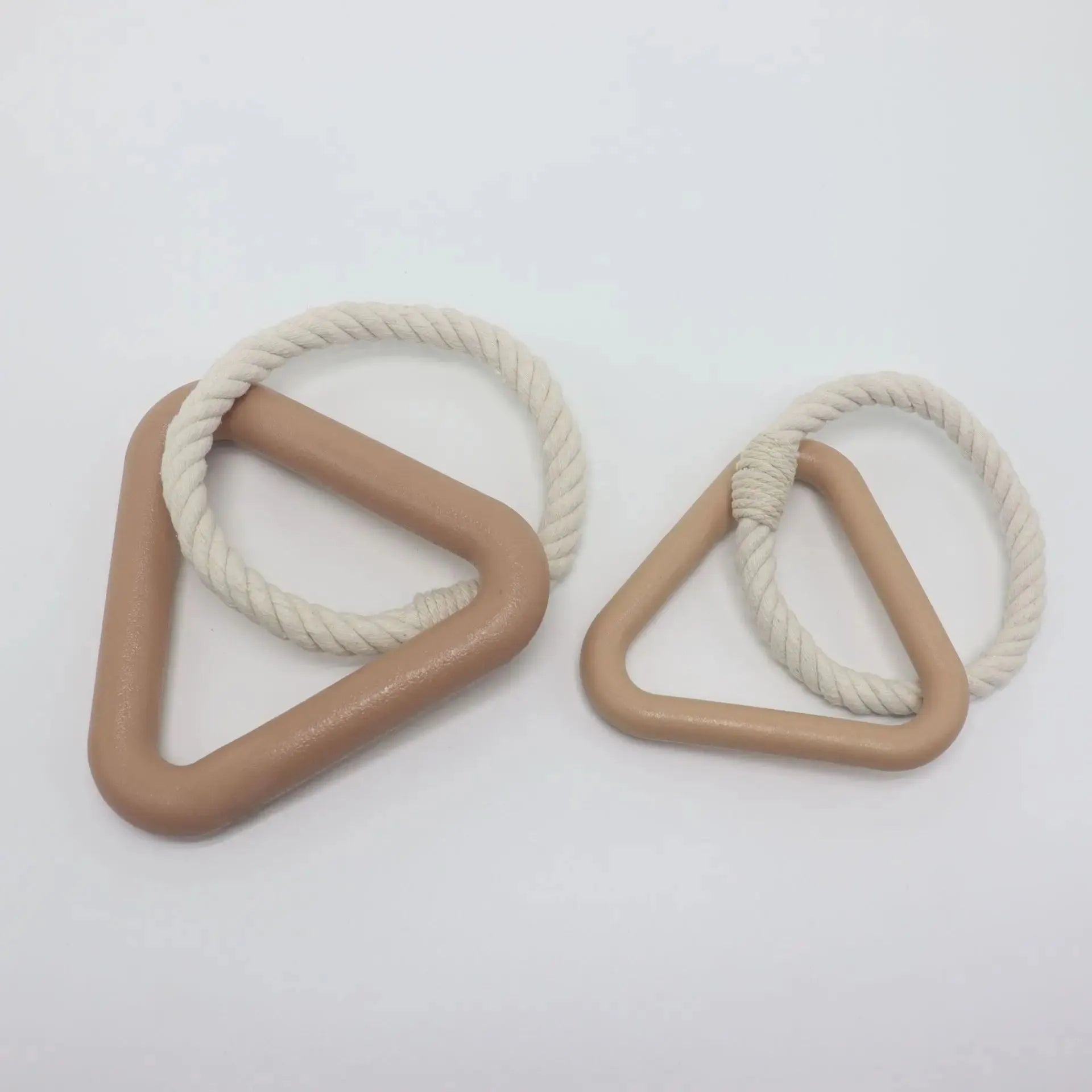 Large triangular cotton rope dog pull ring toy in beige, pink, or purple colours
