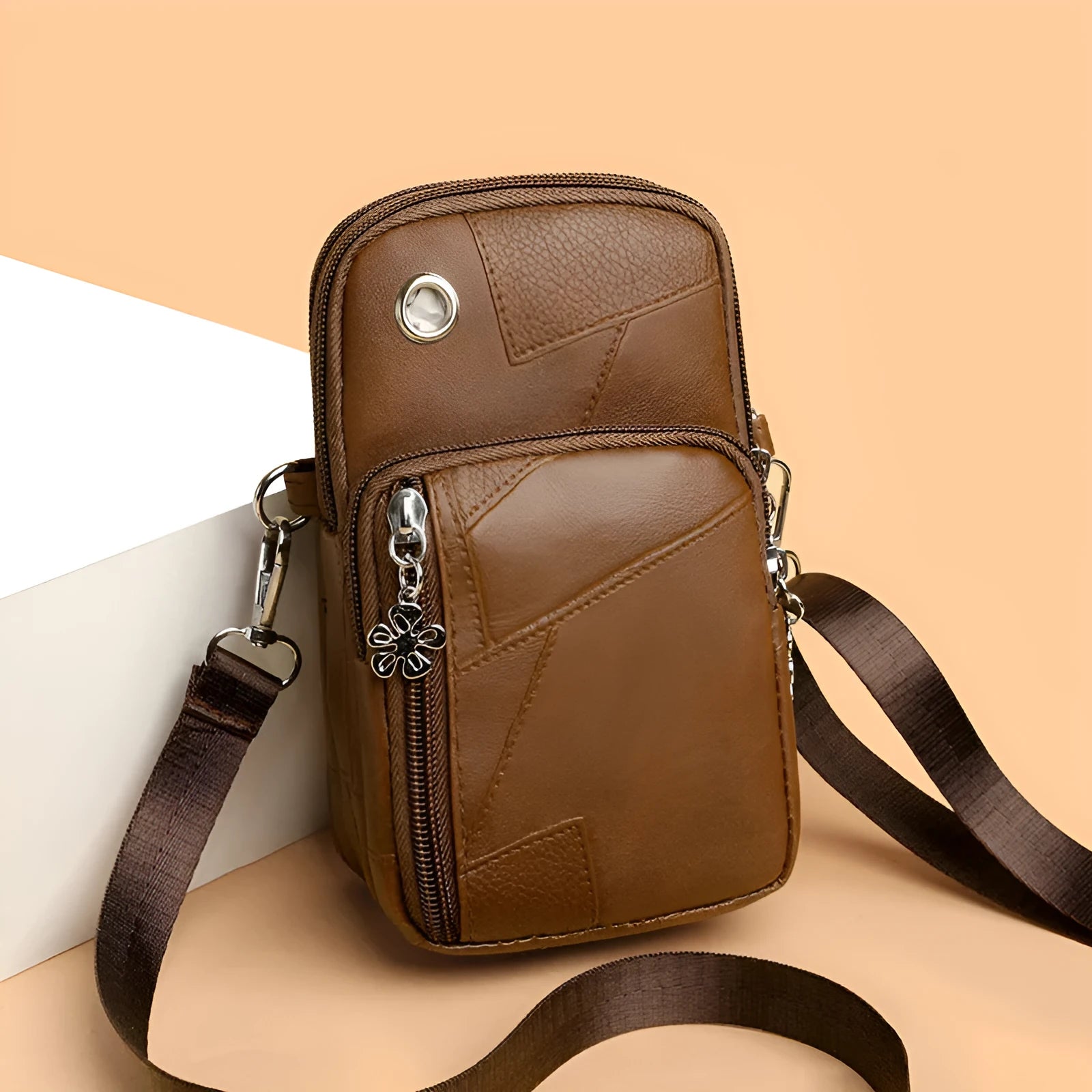 Vertical square mini crossbody phone bag in PU leather, shown in available colours.