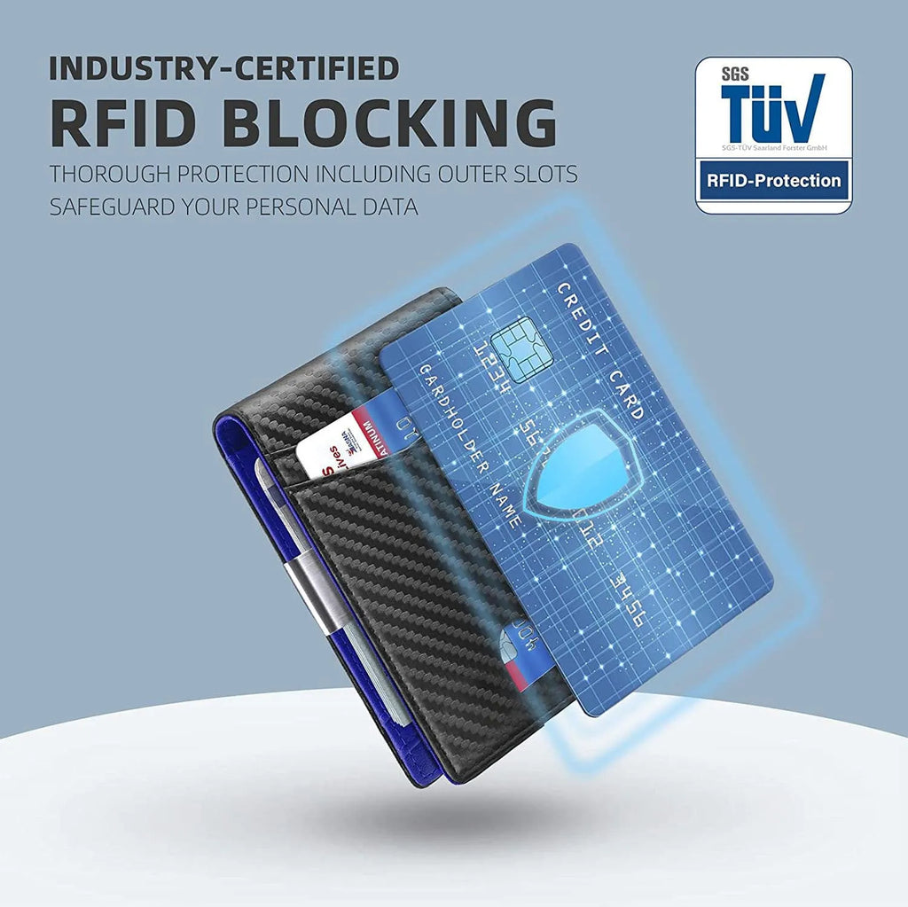 PU leather wallet card holder with multiple slots and anti-theft design in carbon fibre black colour