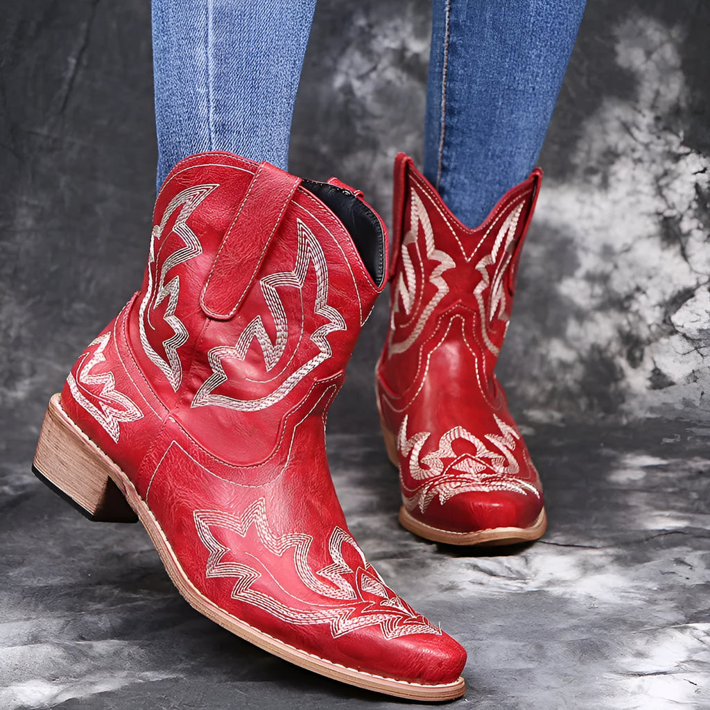 Blue embroidered women's cowgirl boots with a low wedge heel and pointed toe.