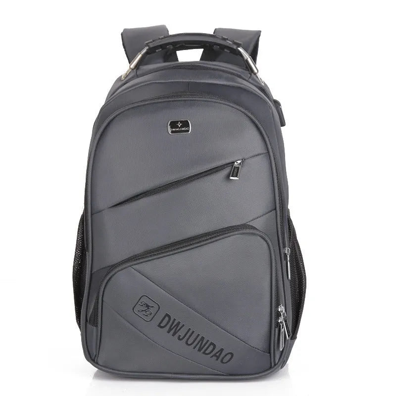 Men's large nylon travel backpack with USB port in black, shown from front