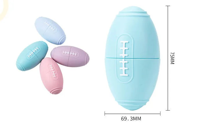 Blue silicone rugby ball dog toy with a hollow centre for holding treats.