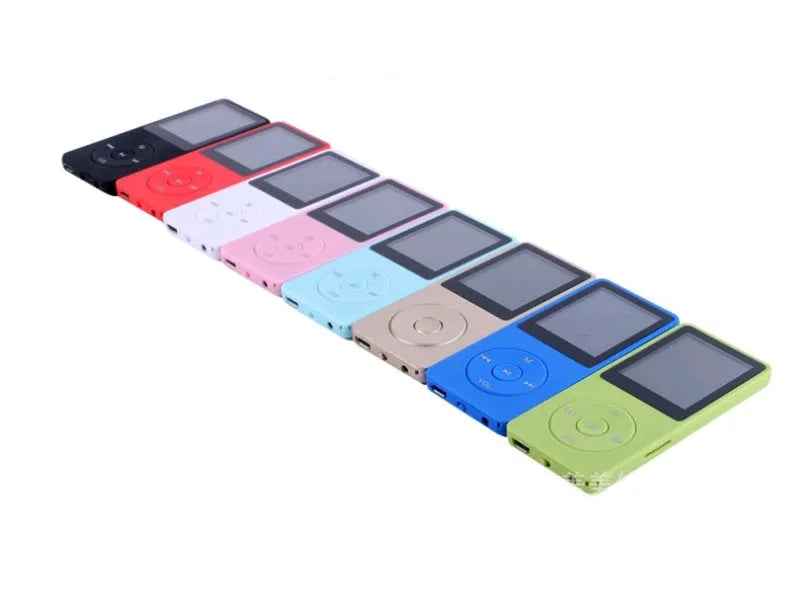 A slim, colourful 1.8-inch screen MP4 player showing a music interface, highlighting its long battery life and FM radio.