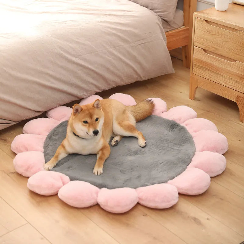 Cute pet flower mat in Coral Fleece and Cotton for dogs and cats, available in Green Grey Pink sizes 60cm and 110cm
