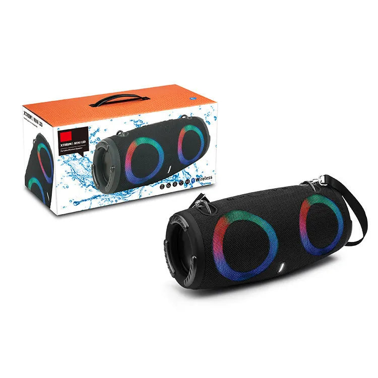 War Drum Bluetooth speaker with RGB coloured lights in black colour with carrying strap