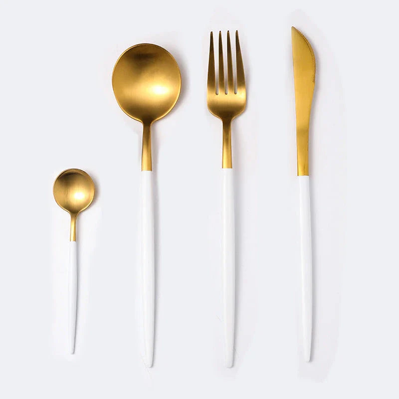 Premium stainless steel cutlery set with a mirror-polished finish, including coffee spoons, dessert spoons, main meal spoons, dessert forks, main forks, and chopsticks, presented in a stylish gift box.