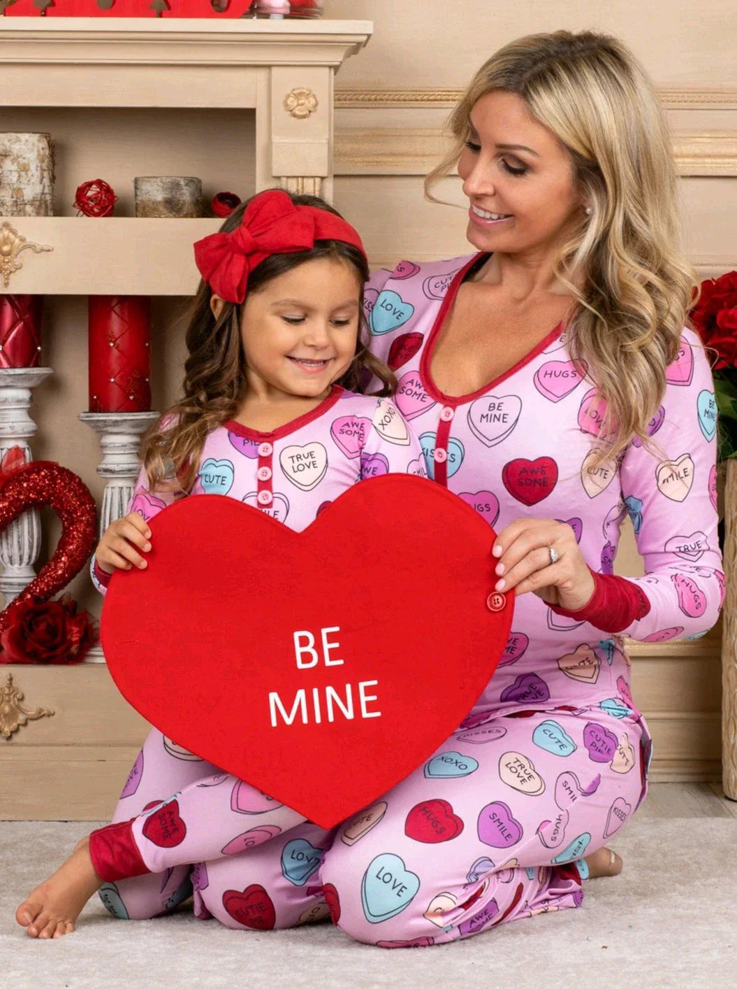 Valentine's Day family matching cotton pajamas with heart print design