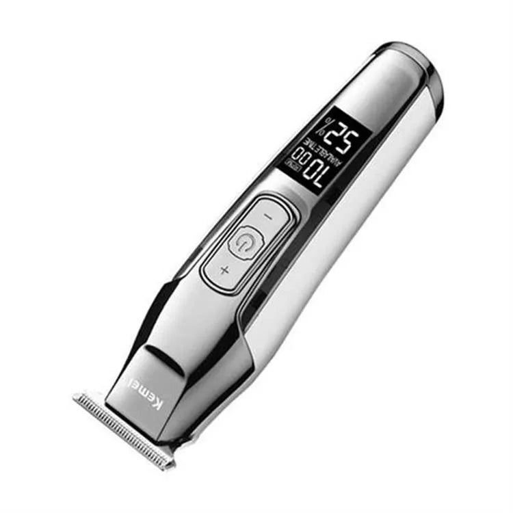 Barber scissors with LCD digital display showing battery percentage on stainless steel tool head
