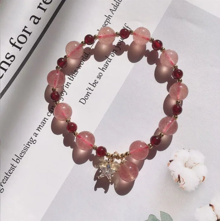 Handmade strawberry quartz crystal bracelet with Hetian jade peach blossom decoration and various charm styles