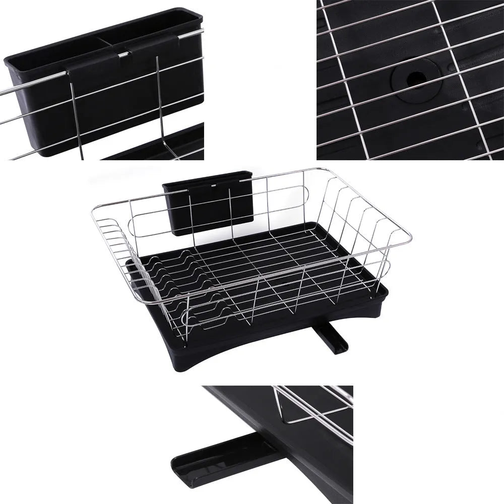 Stainless steel dish drying rack with black plastic drain board and cutlery holder