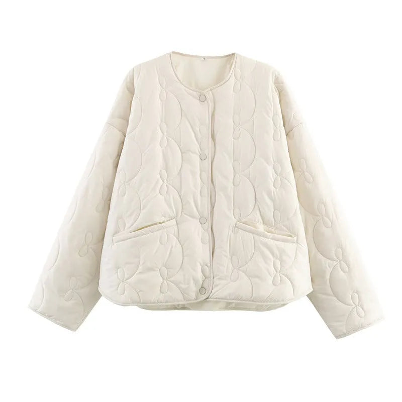 Women's black polyester quilted coat with fixed bow detail, straight fit, 50cm length, size XS-L