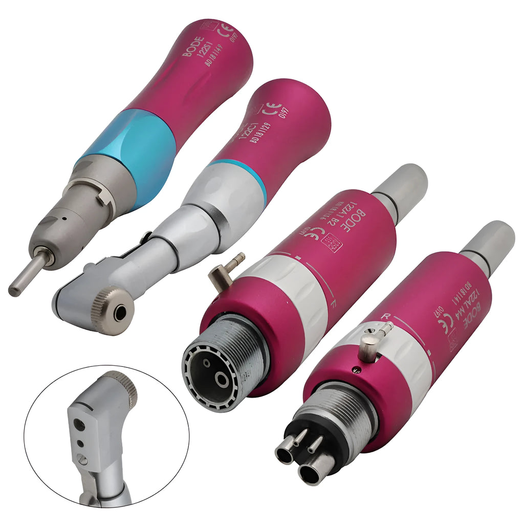 Dental low-speed handpiece set with straight and bending machines in pink metal finish