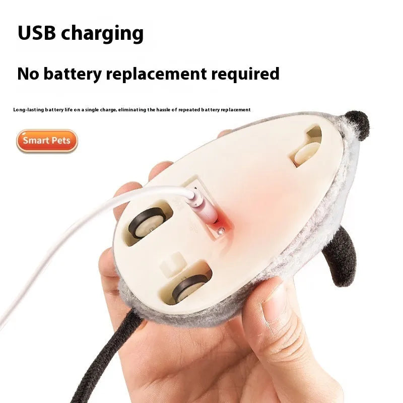 Grey charging simulation electric mouse cat toy with double tail decoration and feather attachment