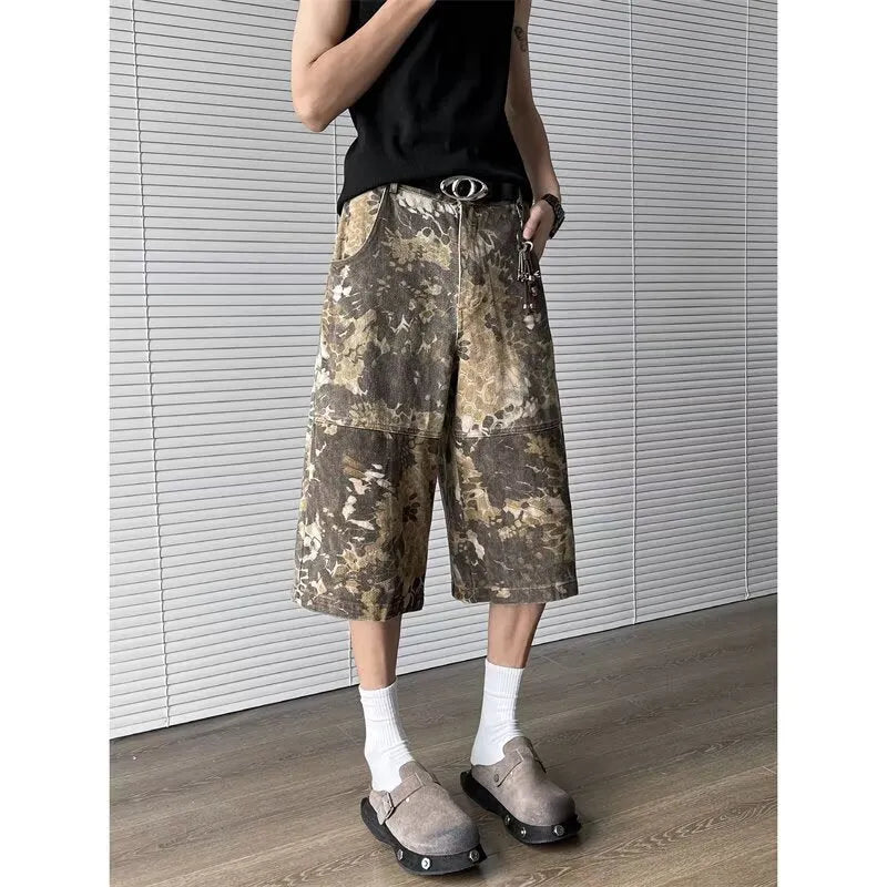 Yellow snake camouflage pattern cropped jeans in cotton denim fabric