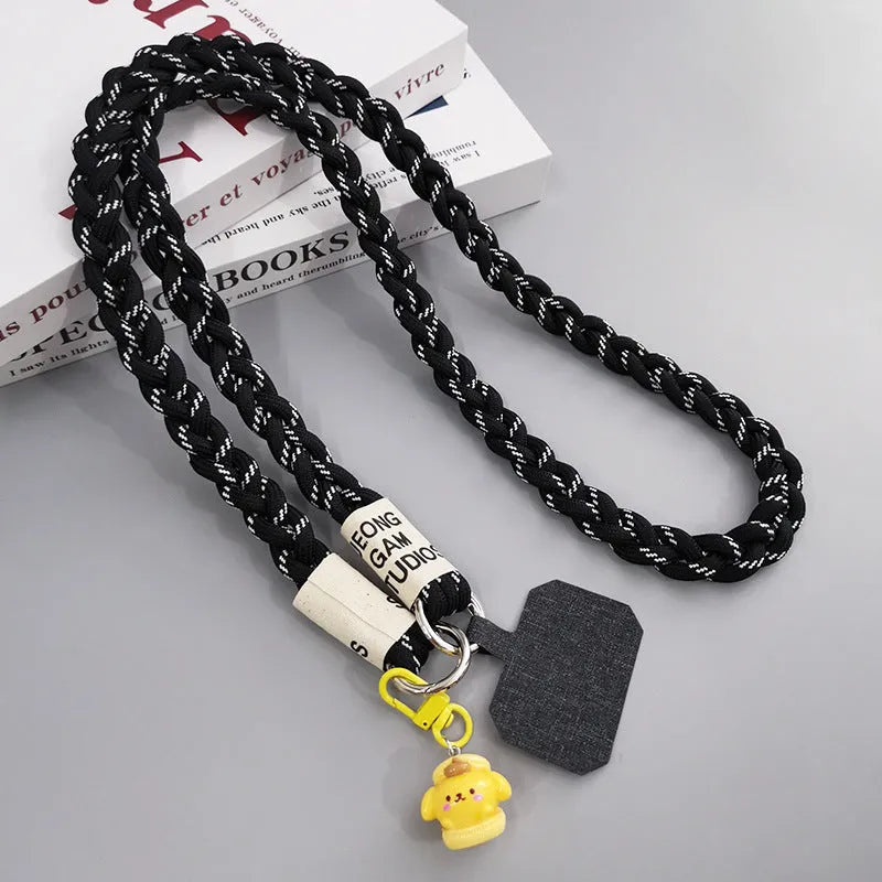Long crossbody nylon phone lanyard with three-strand horse tail pendant and clip in assorted colours