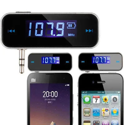 Black car FM transmitter with 3.5mm AUX plug, LCD display, 200 frequencies and 120mAh rechargeable battery