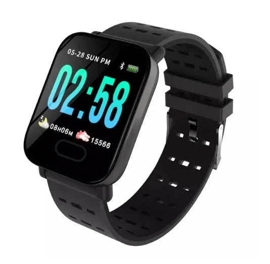 Blue A6 smart bracelet with colour screen on a wrist, showing heart rate data.