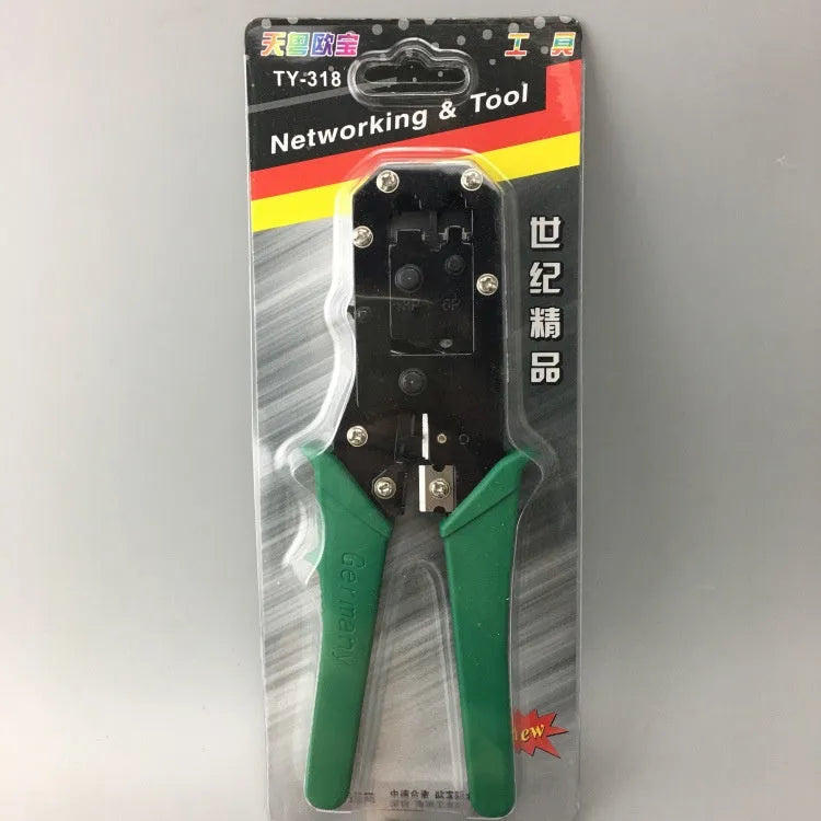 Green dual-purpose network cable pliers with tool steel body, plastic handle, 200 mm² crimping capacity, 100 mm clamp handle.