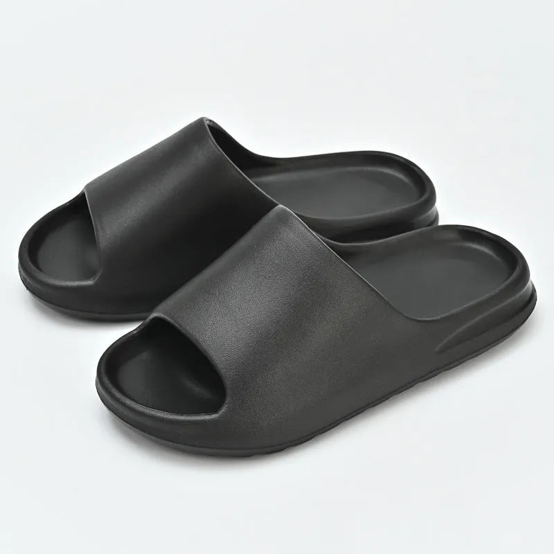Women's thick sole heightened slippers in beige, black, or fruit green with EVA non-slip sole and arch support footbed.