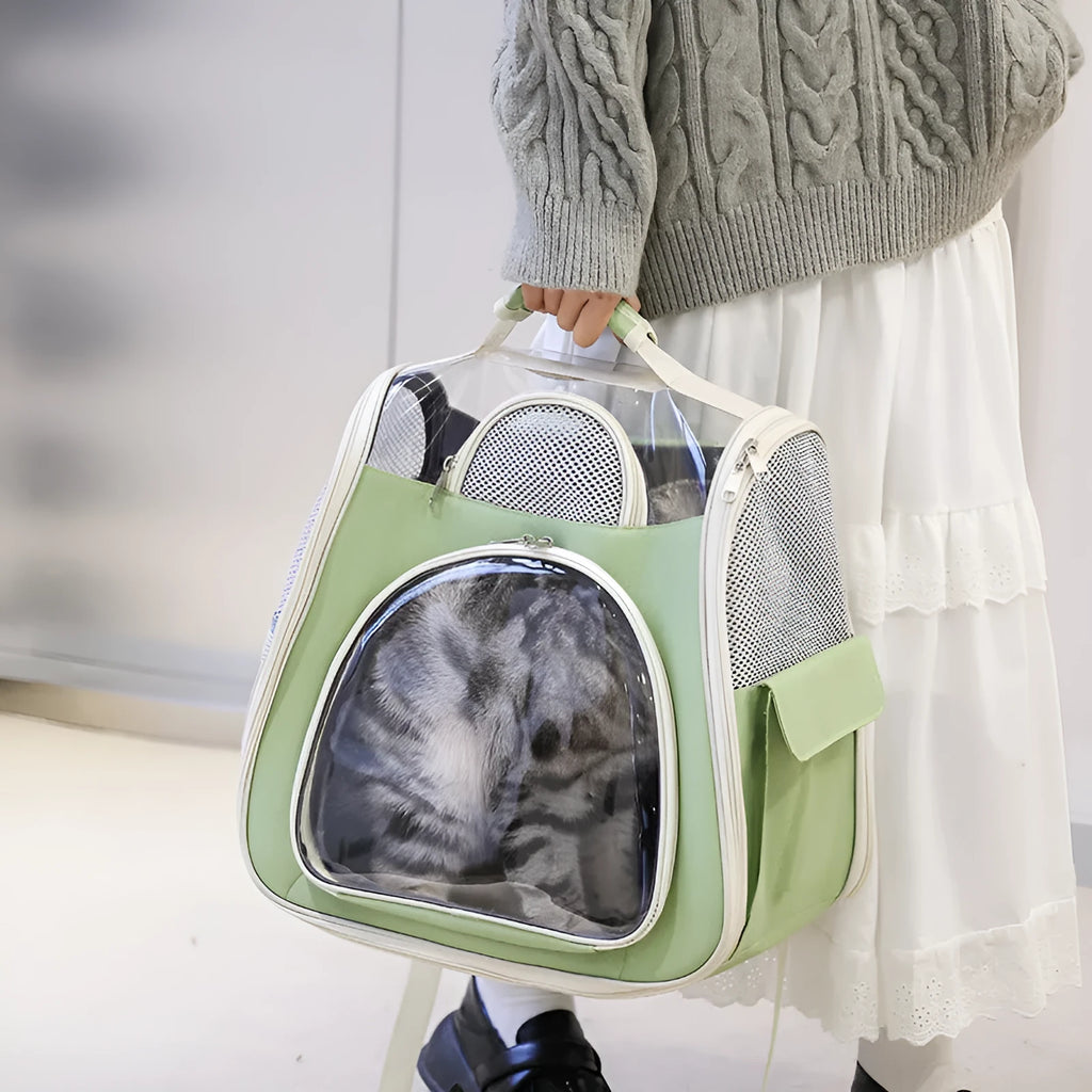 Portable foldable pet bag in solid colour with PU PVC material, medium capacity, on a plain background