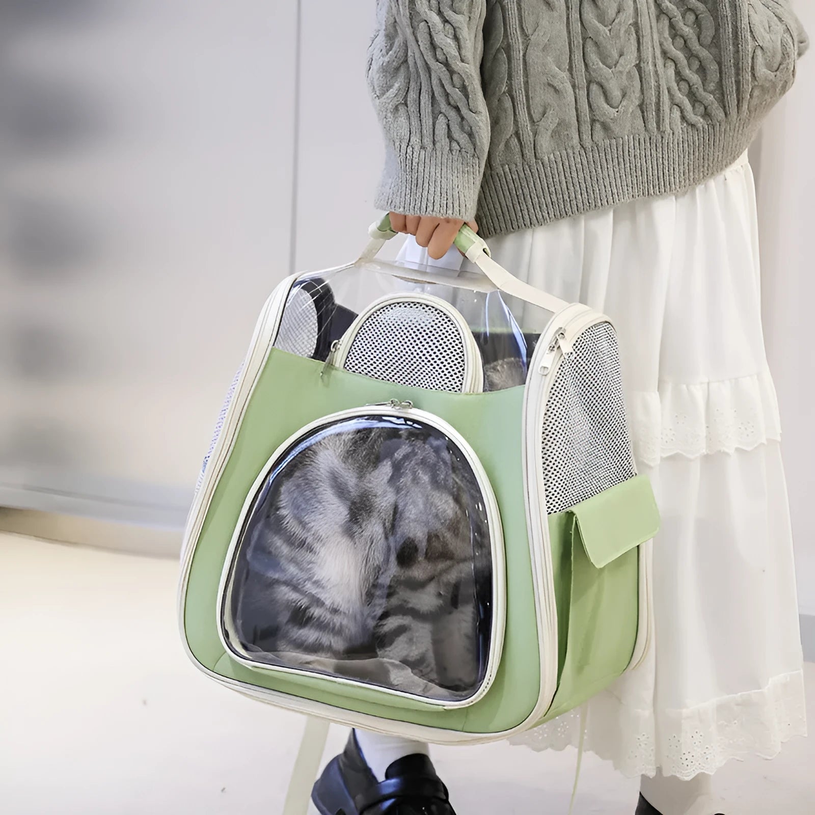 Portable foldable pet bag in solid colour with PU PVC material, medium capacity, on a plain background