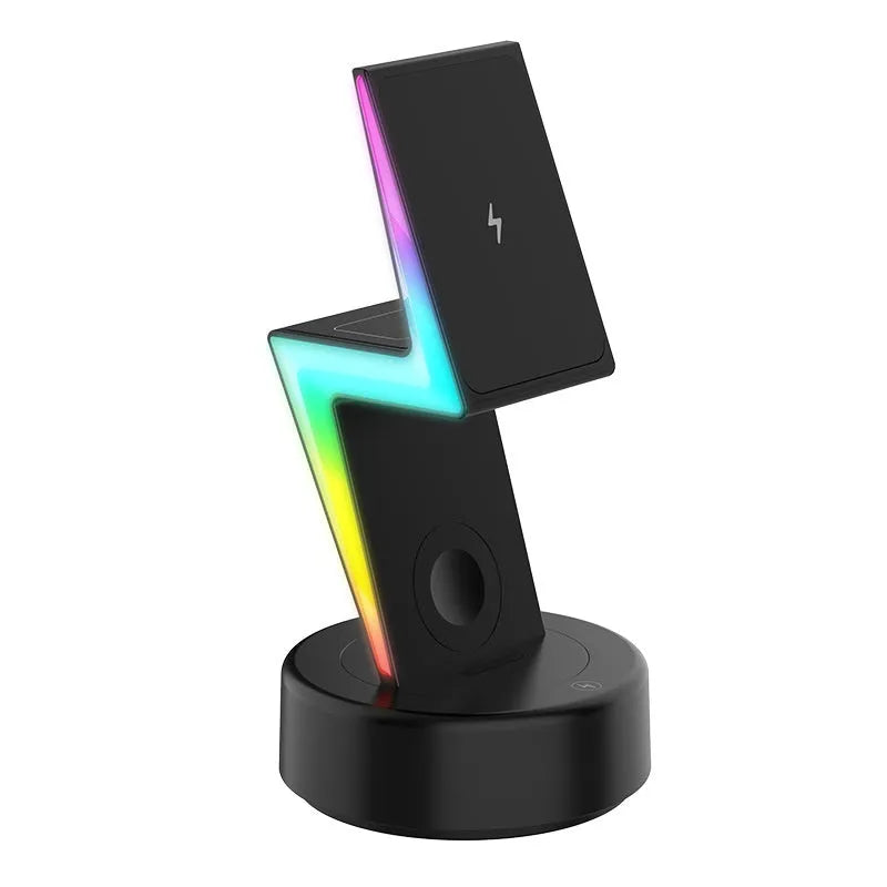 Lightning three-in-one wireless charger for mobile phone watch and headset in black finish